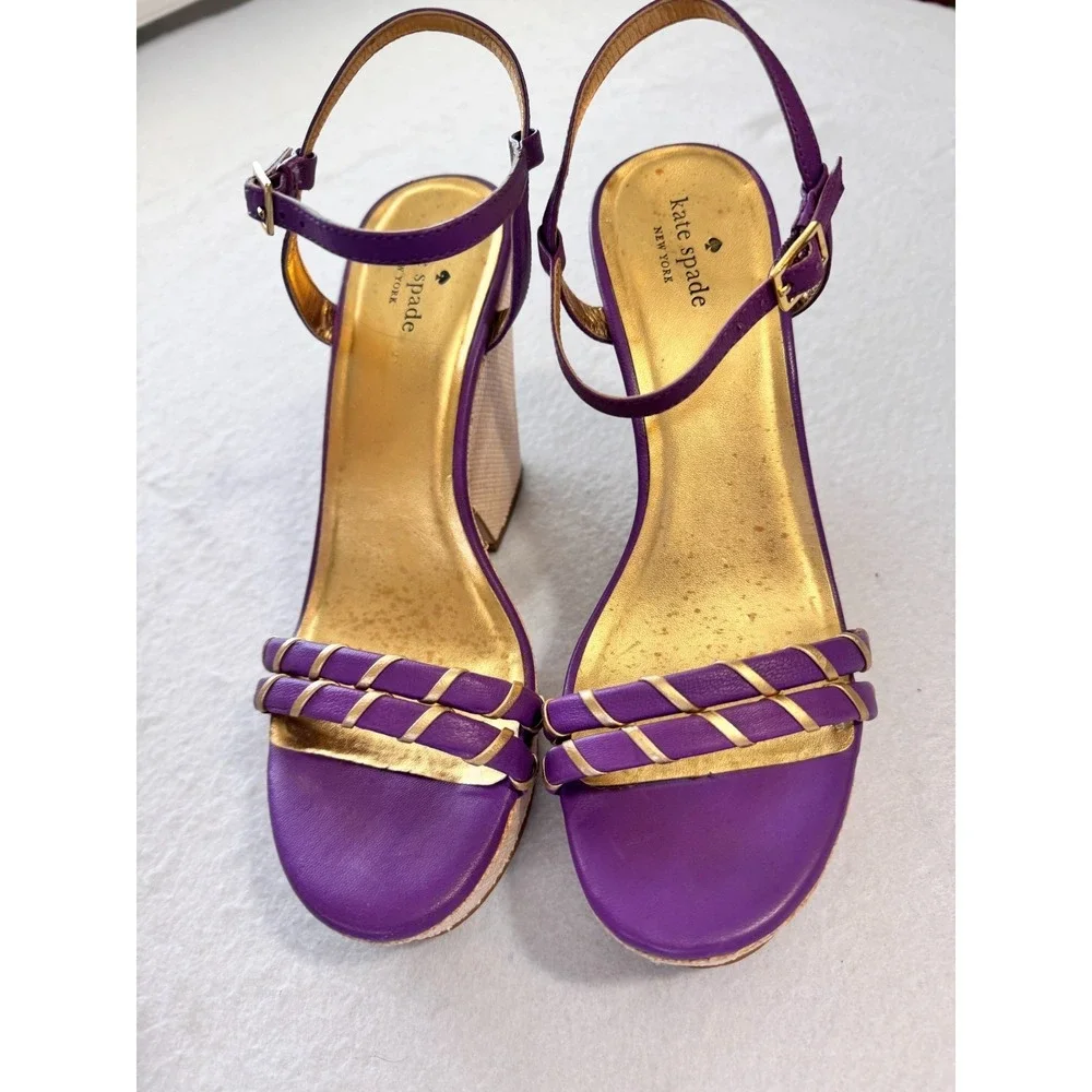 Kate Spade Alice Purple Gold Leather Wedge Espadrille Platform Sandals 8.5 Women